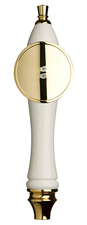 Large White Pub Tap Handle with Gold Round Shield